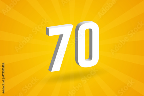 3D 70 number font alphabet. White 3D Number 70 with yellow background