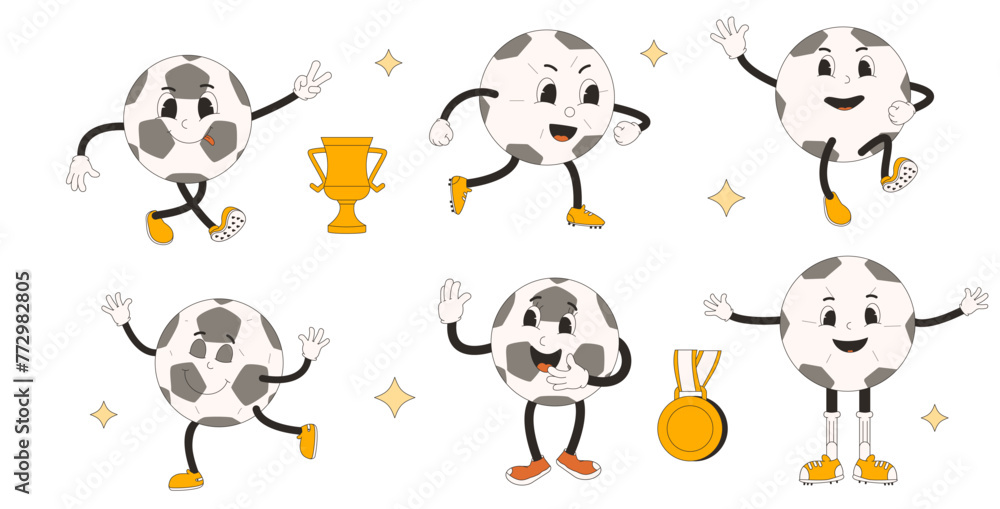 Fototapeta premium Football ball groovy characters set isolated on white background. Soccer retro mascots. Rubber hose animation style cartoon sport equipment Cute vintage anthropomorphic. Vector flat illustration