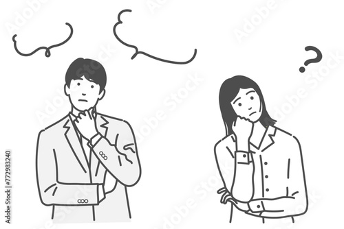迷う、考える、悩む、疑問に思う男女、人物のベクターイラストセット　モノクロ、白バック、背景なし、手書きのふきだし