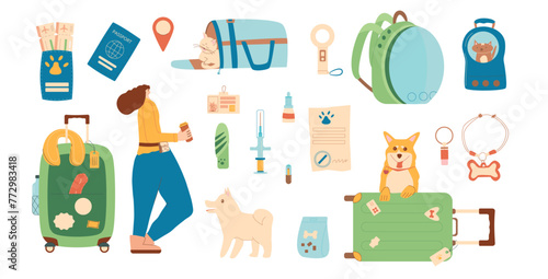 Travel with pets set. Woman with her cats and dogs and supplies and accessories for domestic animals isolated on white background. Vector pets carrier, luggage passport with tickets and id tag