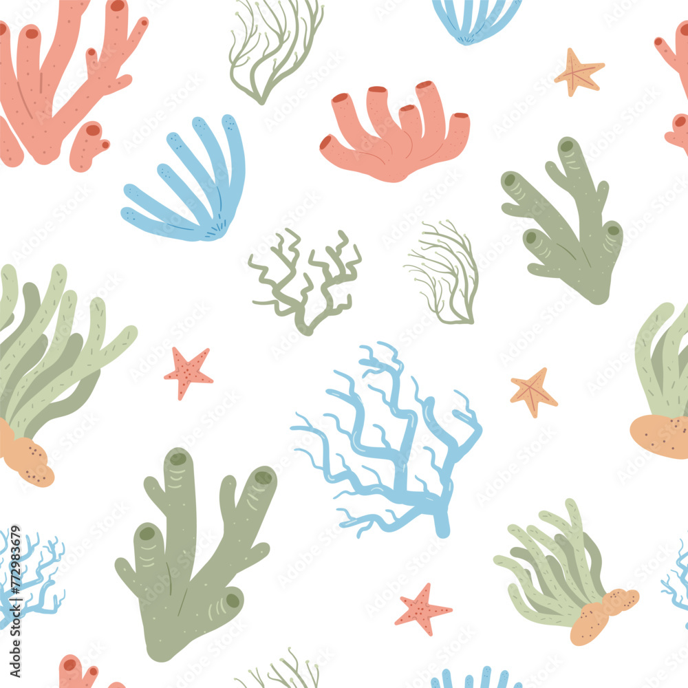 Fototapeta premium Coral reef seamless pattern. Sea underwater elements endless background. Vector flat illustration
