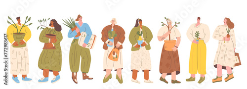 People with plants and gardening sampling isolated on white background. Horticulture gardener hobby characters set. Flowers and garden market and store. Vector illustration.