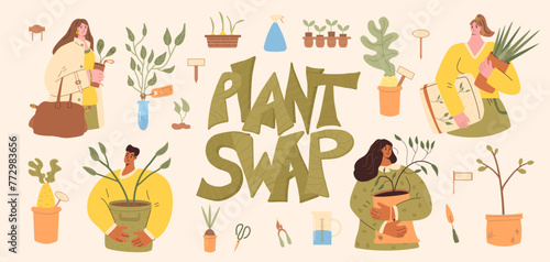 Plant swap. People exchange houseplant and gardening together set. Eco friendly lifestyle party. Event of potted flowers market. Vector illustration.