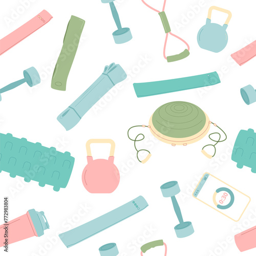 Fitness home workout equipment seamless pattern. Resistand band, kettlebell half ball balance endless background. Vector flat illustration