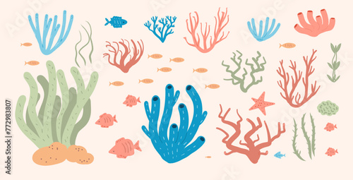 Coral reef set isolated on white background. Sea underwater elements. Vector flat illustration