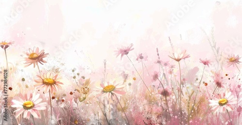 pastel colored field of daises in alcohol style painting, on a white background