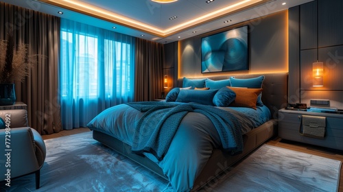 Modern bedroom interior with blue and orange accents