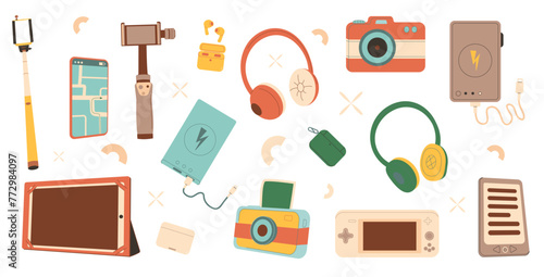 Gadgets devices isolated on white background. Playing console videogame, power bank, camera vector illustration. Travel equipment.