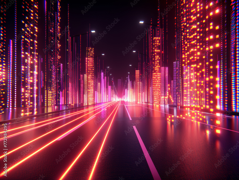 A city street with a bright neon glow. The city is lit up with a neon light that is shining on the road