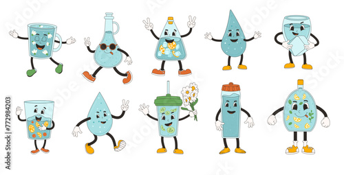 Bottle and glass of water retro cartoon mascots set. Drink rubber hose animation style groovy characters. Beverage cute anthropomorphic. Ecologic and wellness vector flat illustration