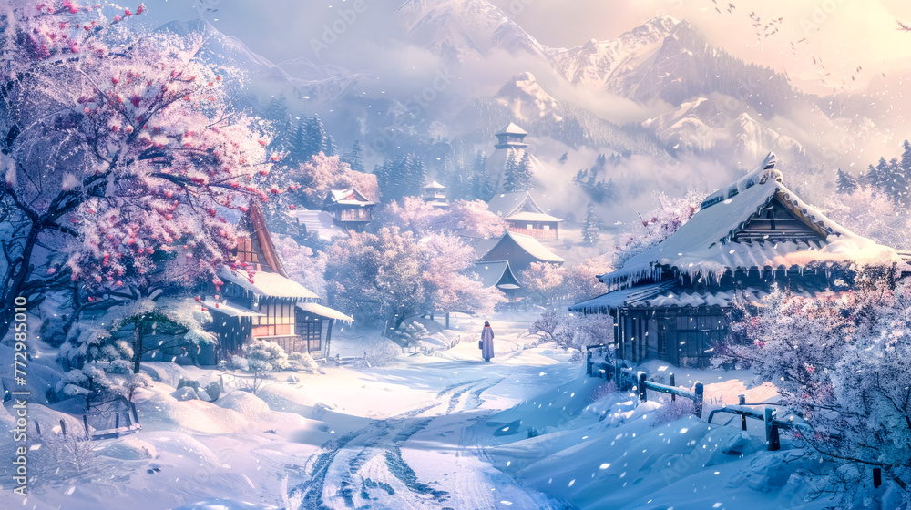 Winter wonderland in a tranquil snowy village