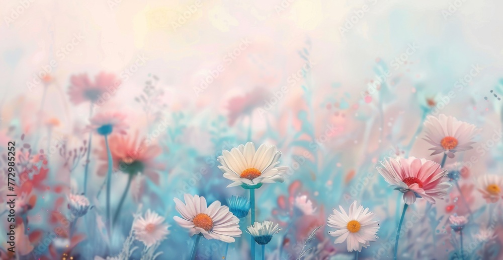 pastel colored field of daises in alcohol style painting, on a white background