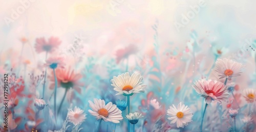 pastel colored field of daises in alcohol style painting  on a white background