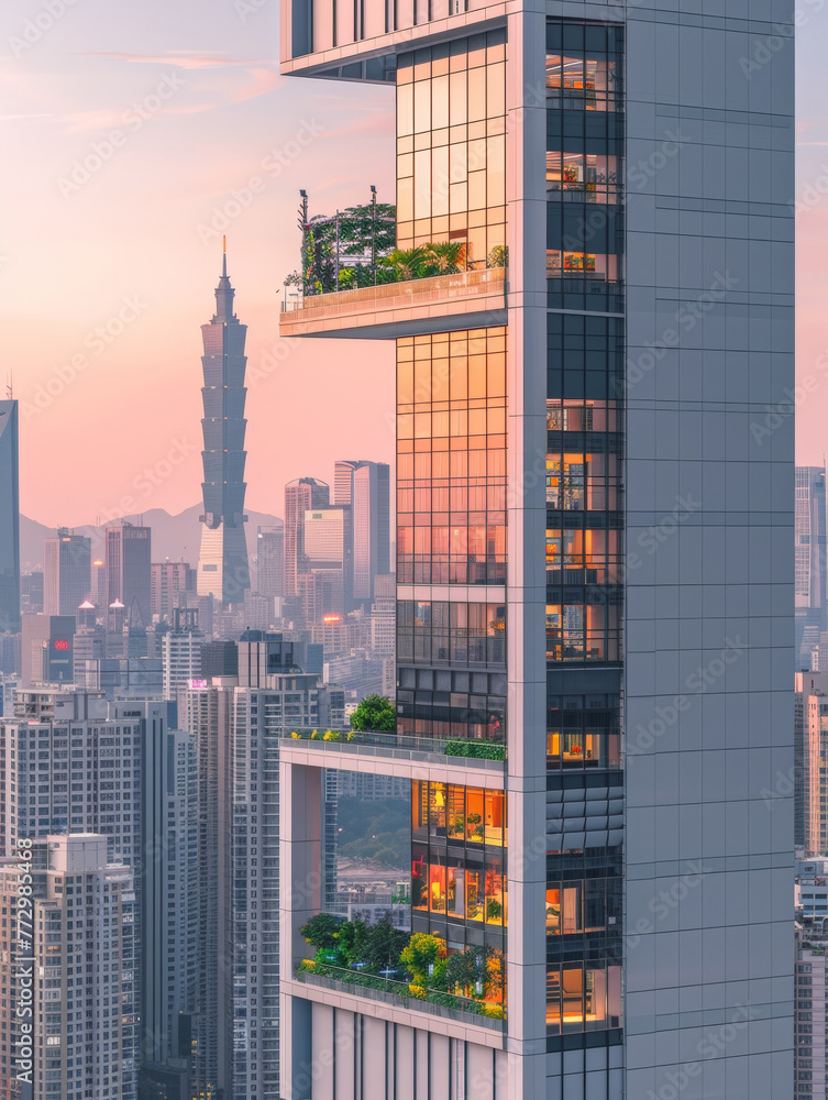 A tall building with a lot of windows and a green roof. The building is in a city with a lot of other buildings