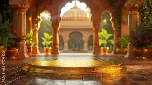 Elegant Glitter Gold Podium on Traditional Indian Palace Courtyard Background for Fine Dining Events