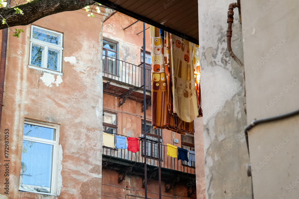 Facade of residential buildings with balconies in Lviv, Ukraine.