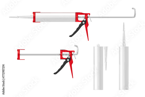 Caulking gun craft silicone acrylic caulk adhesive glue tube set realistic vector illustration