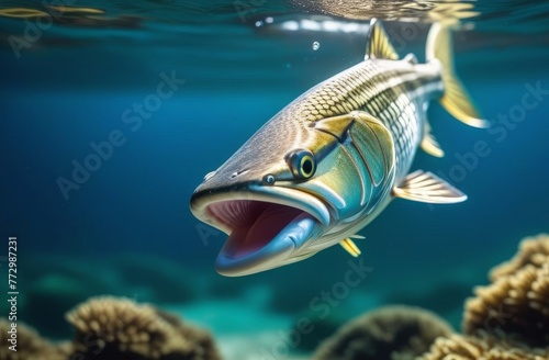Fictional fish swims underwater close-up