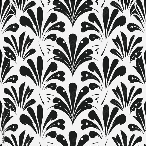 Art Deco Vintage Palm Leaves Botanical Black and White Seamless Pattern