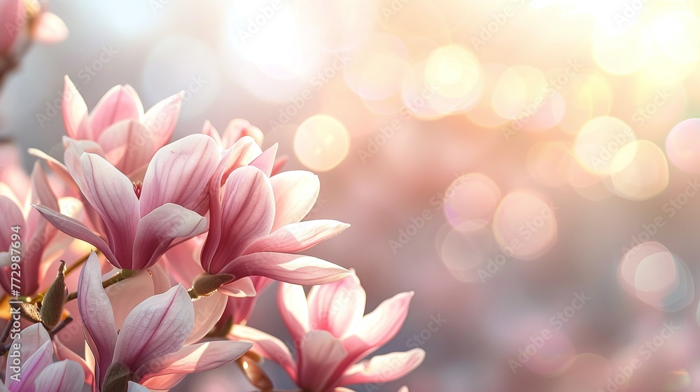 Fototapeta premium cherry blossoms macro view with vibrant pink flowers and springtime nature background in sunlight 