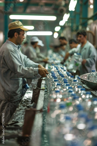 workers in water bottling plant, several men working in factory