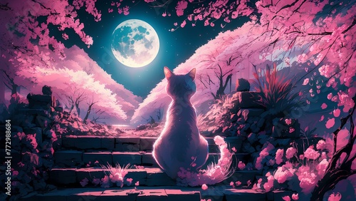 cat, moon and cherry blossoms　Generative AI