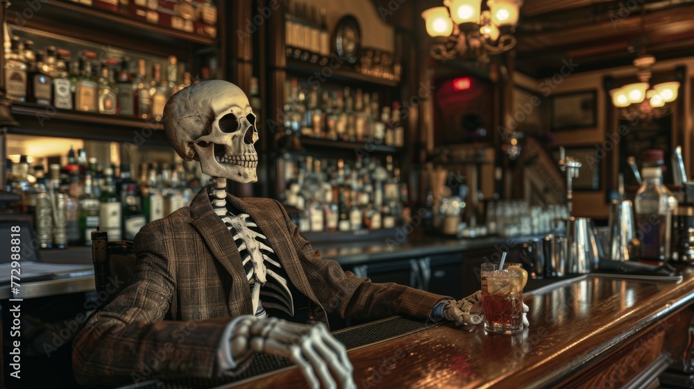 Skeleton sitting at a bar with a cocktail