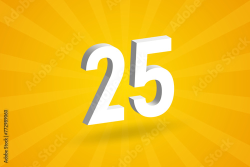 3D 25 number font alphabet. White 3D Number 25 with yellow background