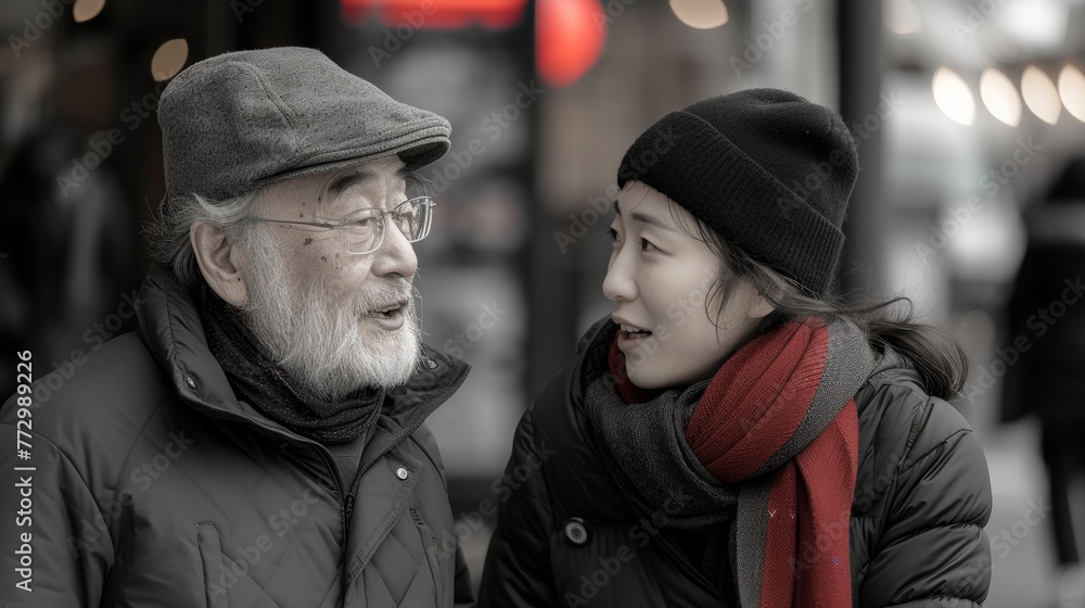 Two adults in winter attire deeply engaged in conversation on a city sidewalk, surrounded by warm evening lights. Two adults in winter attire deeply engaged in conversation on a city sidewalk, surrounded by warm evening lights.