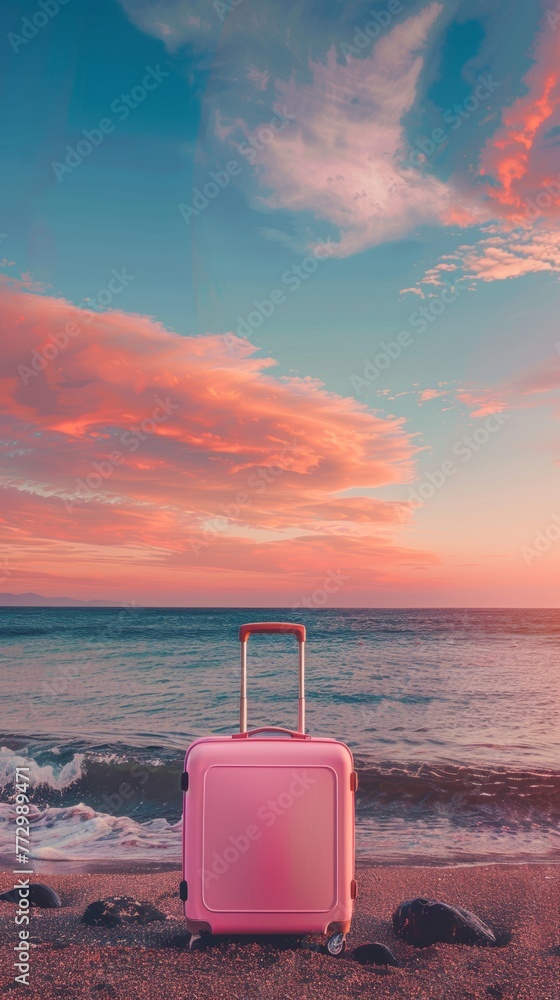 Pink suitcase on a pebble beach at sunset Pink suitcase on a pebble beach at sunset