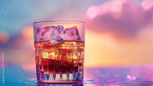 Whiskey on the rocks in a glass with colorful bokeh background