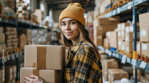 A smiling worker in a beanie holding cardboard boxes in a warehouse