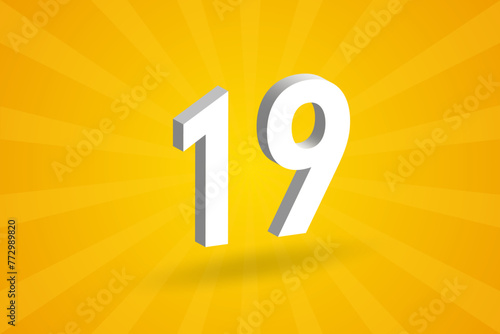 3D 19 number font alphabet. White 3D Number 19 with yellow background