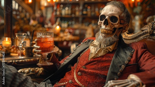 Skeleton in vintage clothing holding a drink in an elegant bar