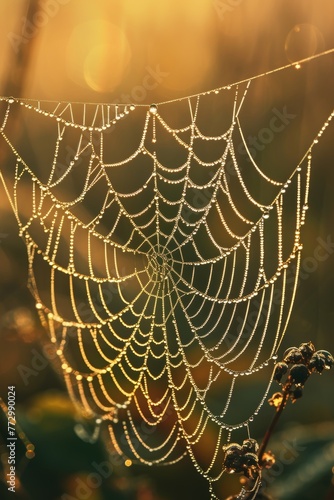 Spiderweb glistening with dew drops against a backdrop of a warm sunrise, highlighting nature's intricate patterns.