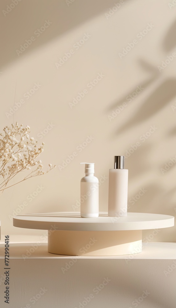 Product Photography, Empty smooth metal product display stand, Clean light beige background Product Photography, Empty smooth metal product display stand, Clean light beige background