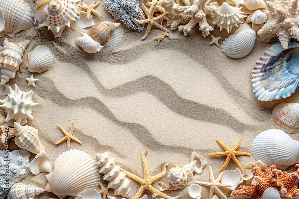 a group of shells and starfish on sand
