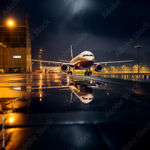 ai creates generative images,airplane picture Parked on the airport, rain falling, water reflection
