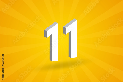 3D 11 number font alphabet. White 3D Number 11 with yellow background photo