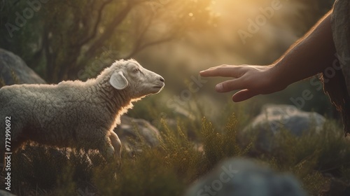 Hands of God reaching out to a lost sheep. Biblical theme concept. AI-generated photo