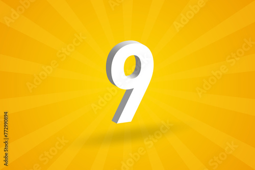 3D 9 number font alphabet. White 3D Number 9 with yellow background