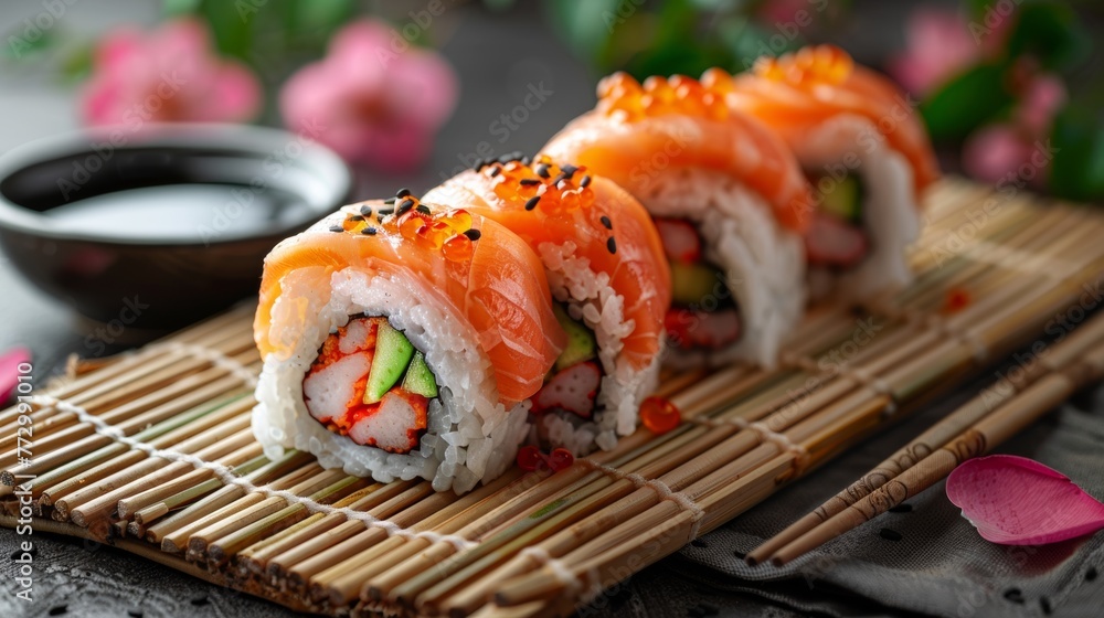 Sushi rolls with salmon on bamboo mat Sushi rolls with salmon on bamboo mat