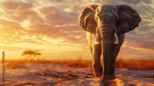 African elephant walking at sunset in savannah