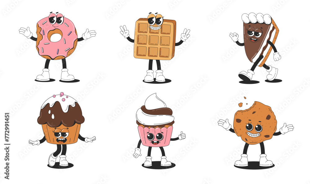 Fototapeta premium Set of retro cartoon funny dessert. Cute groovy sweet cake, waffles, oatmeal cookies, donut, cake, cupcakes. Funky vector illustration.
