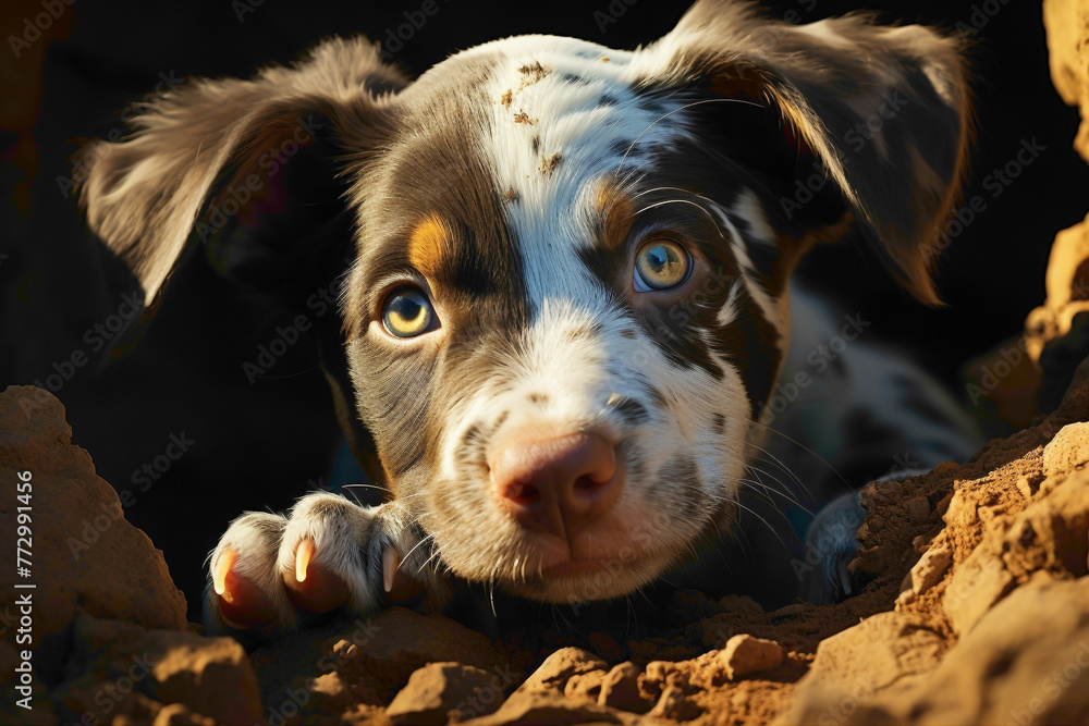A mischievous mint-colored puppy wearing a stylish blue cap, caught digging a hole in the ground against a sunny yellow background.