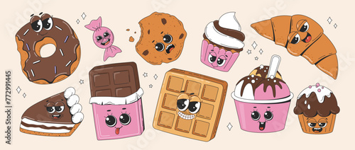 Retro characters confectionery. Cute groovy sweet cake, chocolate, waffles, oatmeal cookies, croissant, ice cream, donut, candy, cake, cupcakes. Vector illustration.