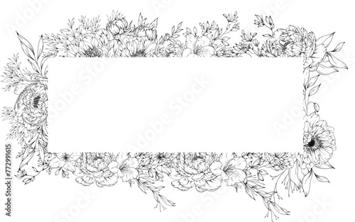 Hand Drawn Peony rectangle frame Illustration with roses, lilies, wildflowers. leaves and branches