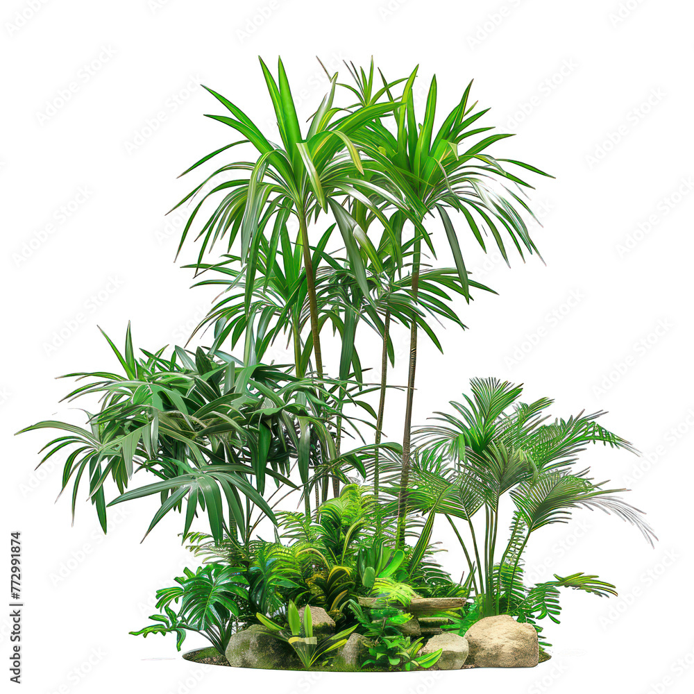 Rhapis excelsa planting, Bamboo palm or hamedorea in a pot on isolated, alpha transparent white background png