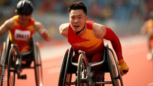 A man in a wheelchair is racing with other people photo
