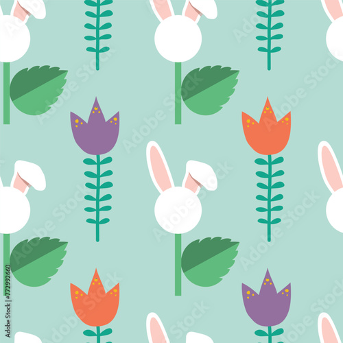 Hand drawn seamless colorful vector floral pattern with easter bunnies